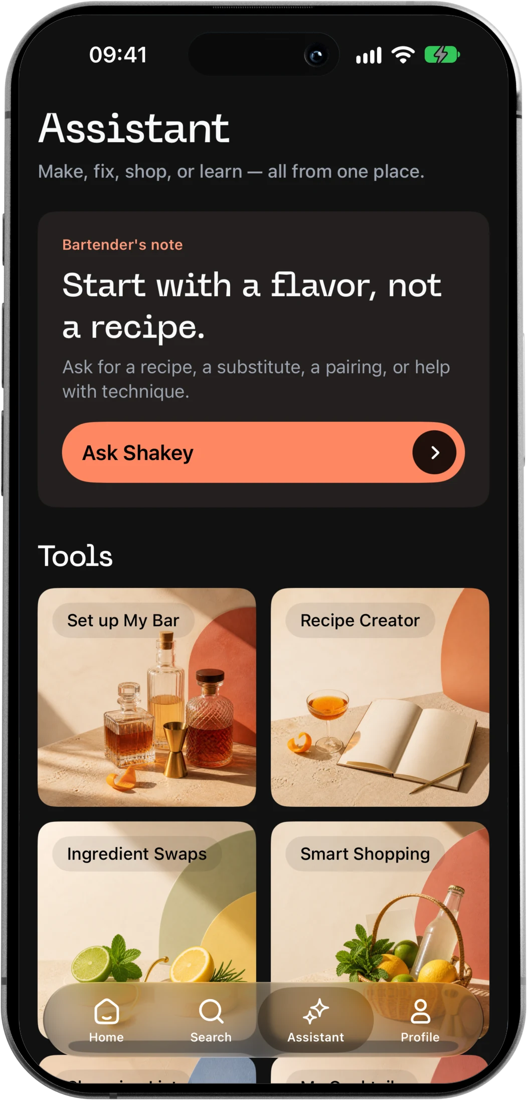 Assistant screen with Ask Shakey and tools for recipes, swaps and shopping