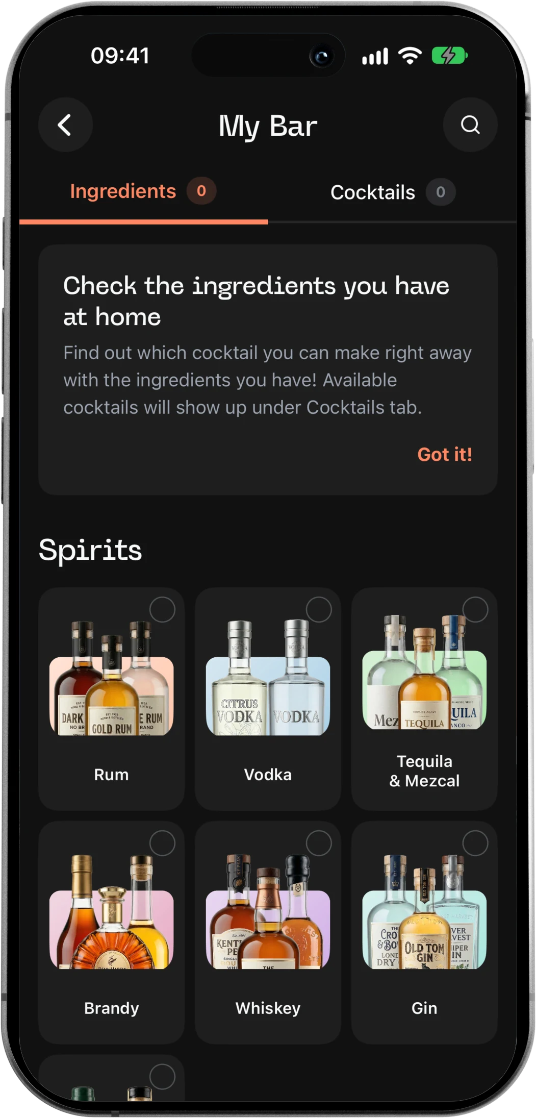 My Bar screen for ticking off the spirits you have at home