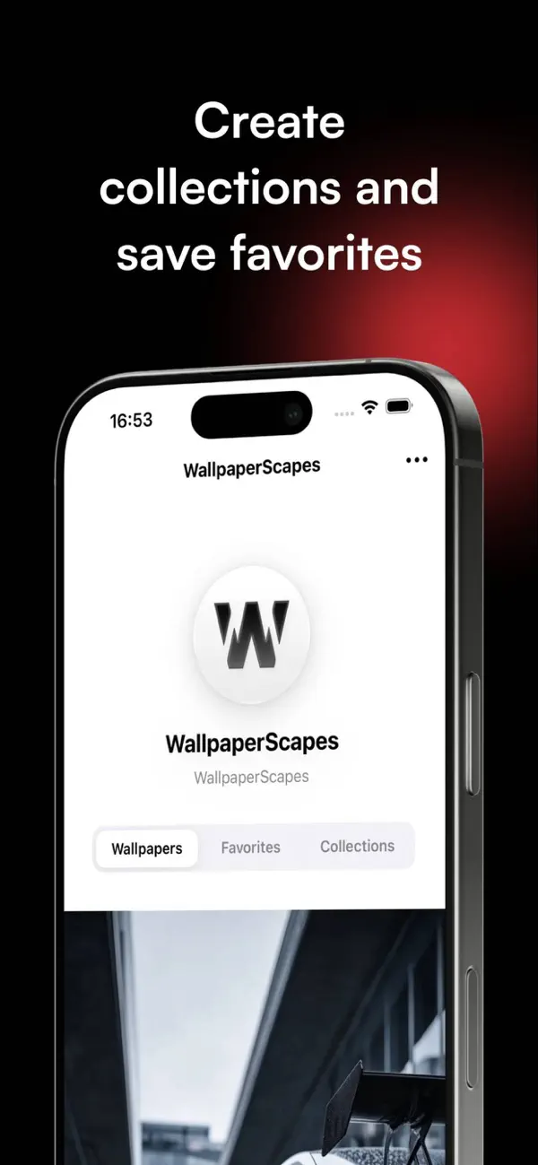 Profile screen with wallpapers, favorites and collections tabs, captioned "Create collections and save favorites"