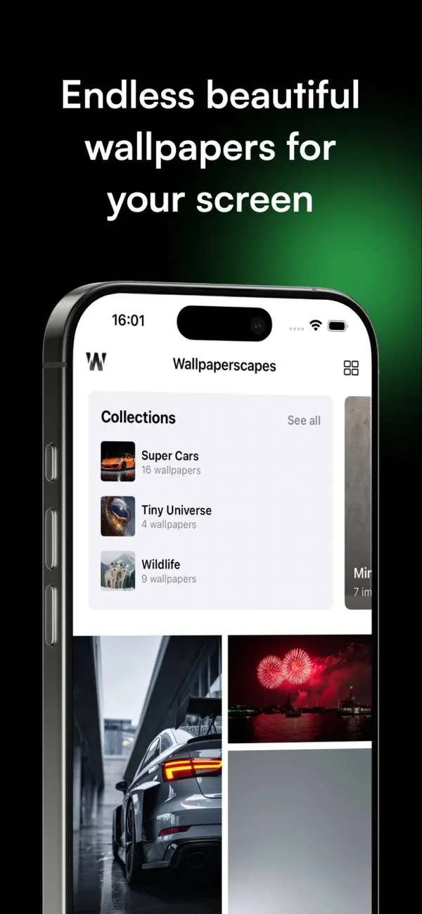 WallpaperScapes home screen showing collections and a grid of wallpapers, captioned "Endless beautiful wallpapers for your screen"