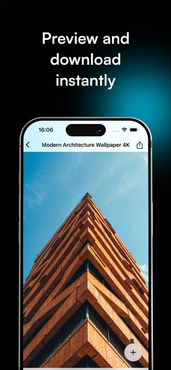 Full-screen wallpaper preview with a download button, captioned "Preview and download instantly"