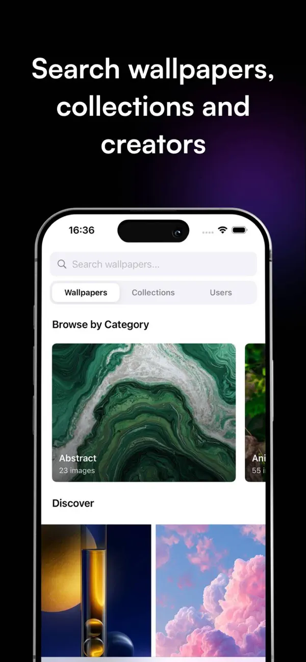 Search screen with tabs for wallpapers, collections and creators, captioned "Search wallpapers, collections and creators"